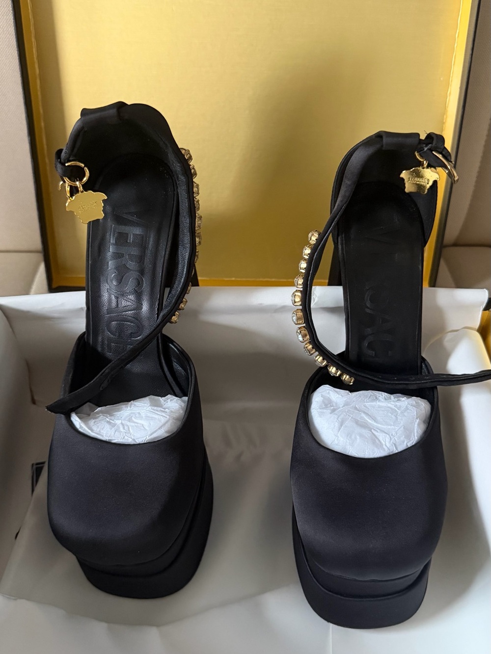 Versace Black Satin Platform Mary Jane Heels with Gold Medallion